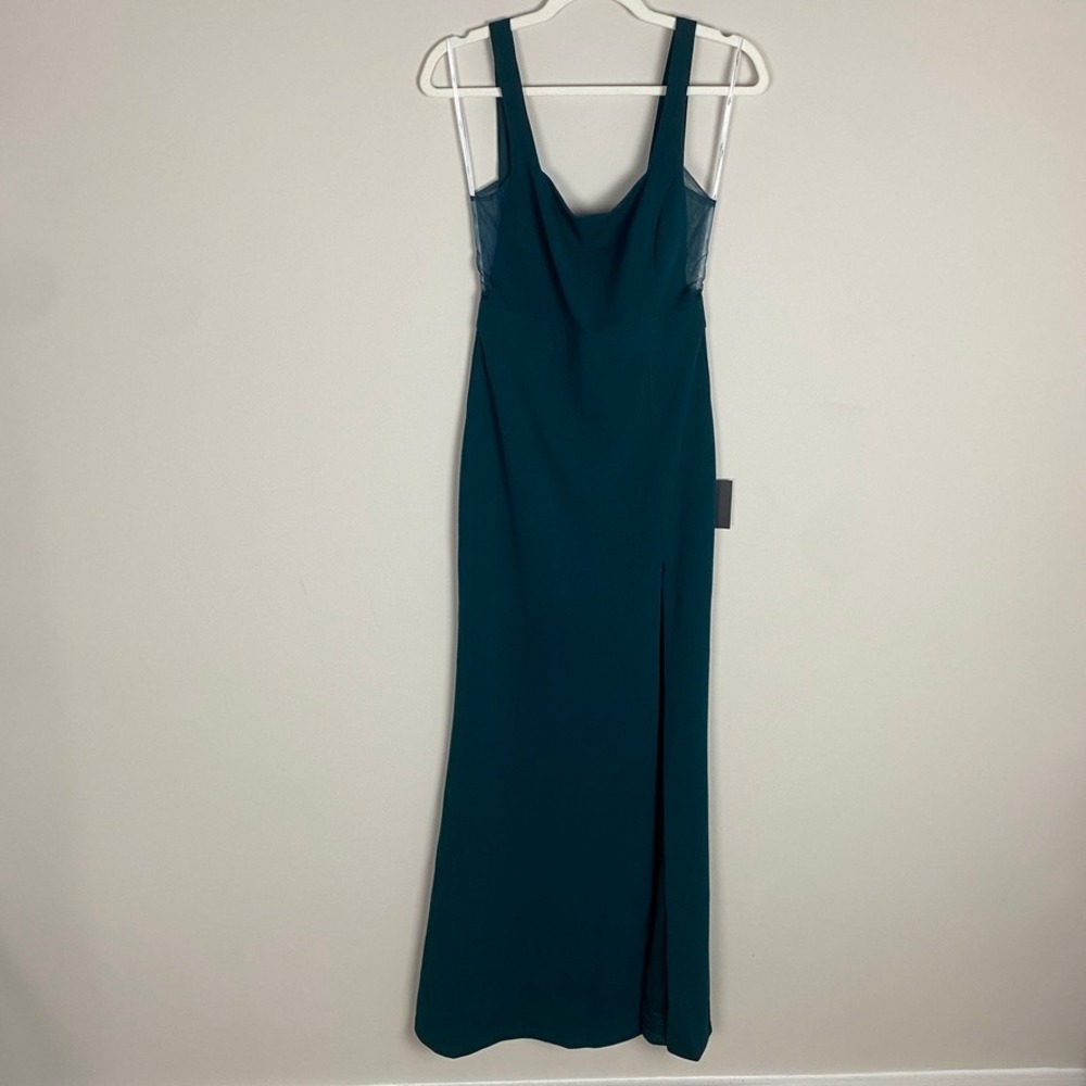 Lulus Sensational Icon Emerald Backless Square Neck Maxi Dress Mesh Side Slit